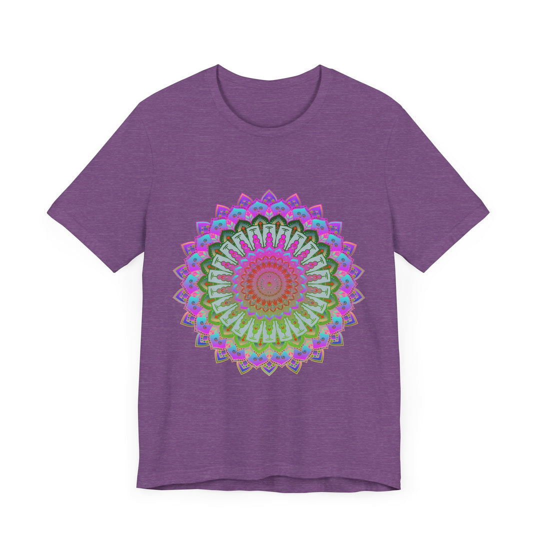 Vibrant mandala t-shirt featuring a colorful and intricate design in shades of blue, purple, yellow, and orange, perfect for adding a pop of bohemian style to your wardrobe