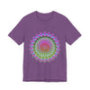 Vibrant mandala t-shirt featuring a colorful and intricate design in shades of blue, purple, yellow, and orange, perfect for adding a pop of bohemian style to your wardrobe