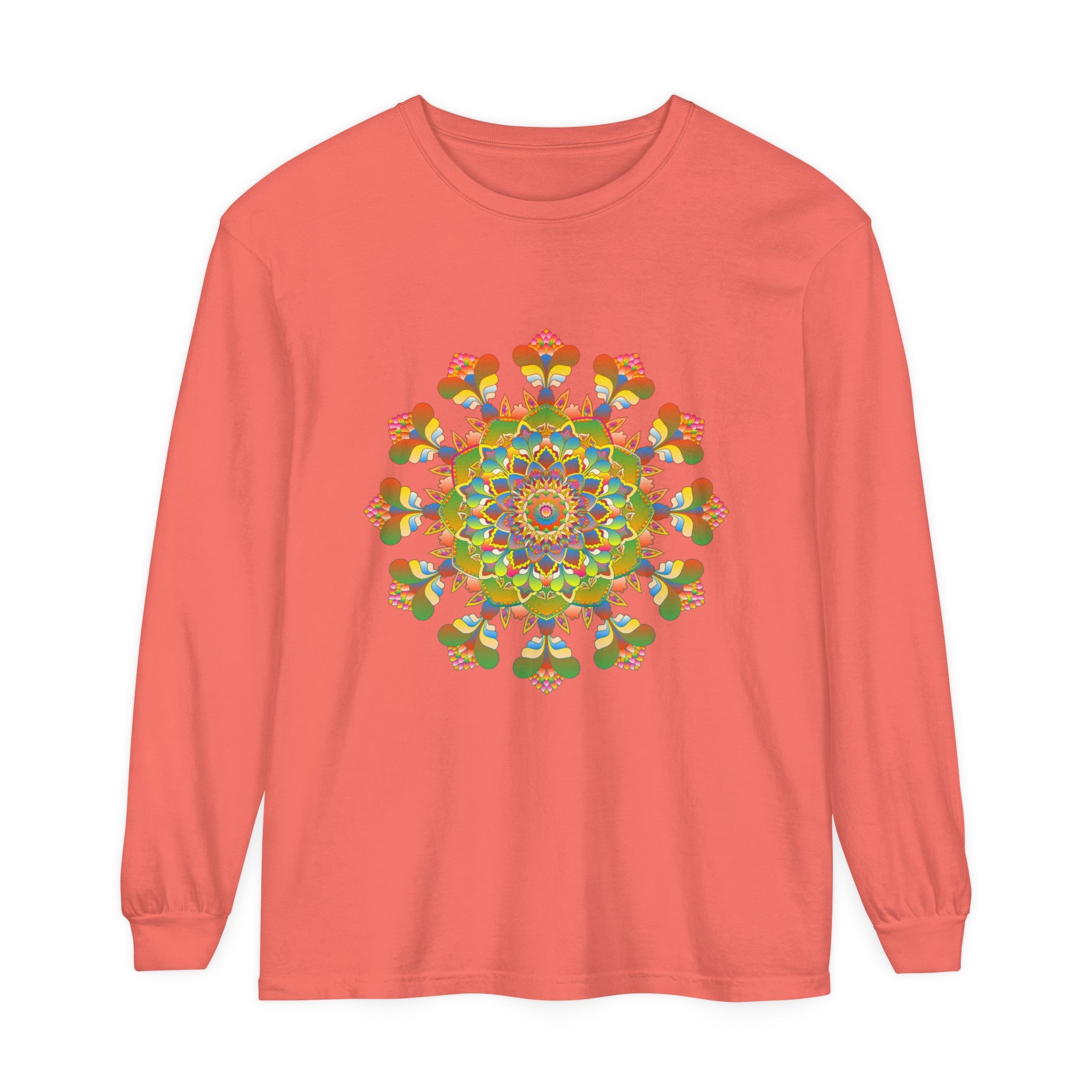 Vibrant mandala long sleeve t-shirt featuring colorful and intricate art design