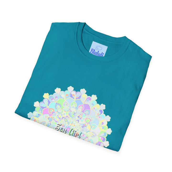 Colorful mandala design printed on a high-quality t-shirt for a unique and eye-catching fashion statement