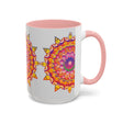 A vibrant and eye-catching mandala art mug with a colorful floral design