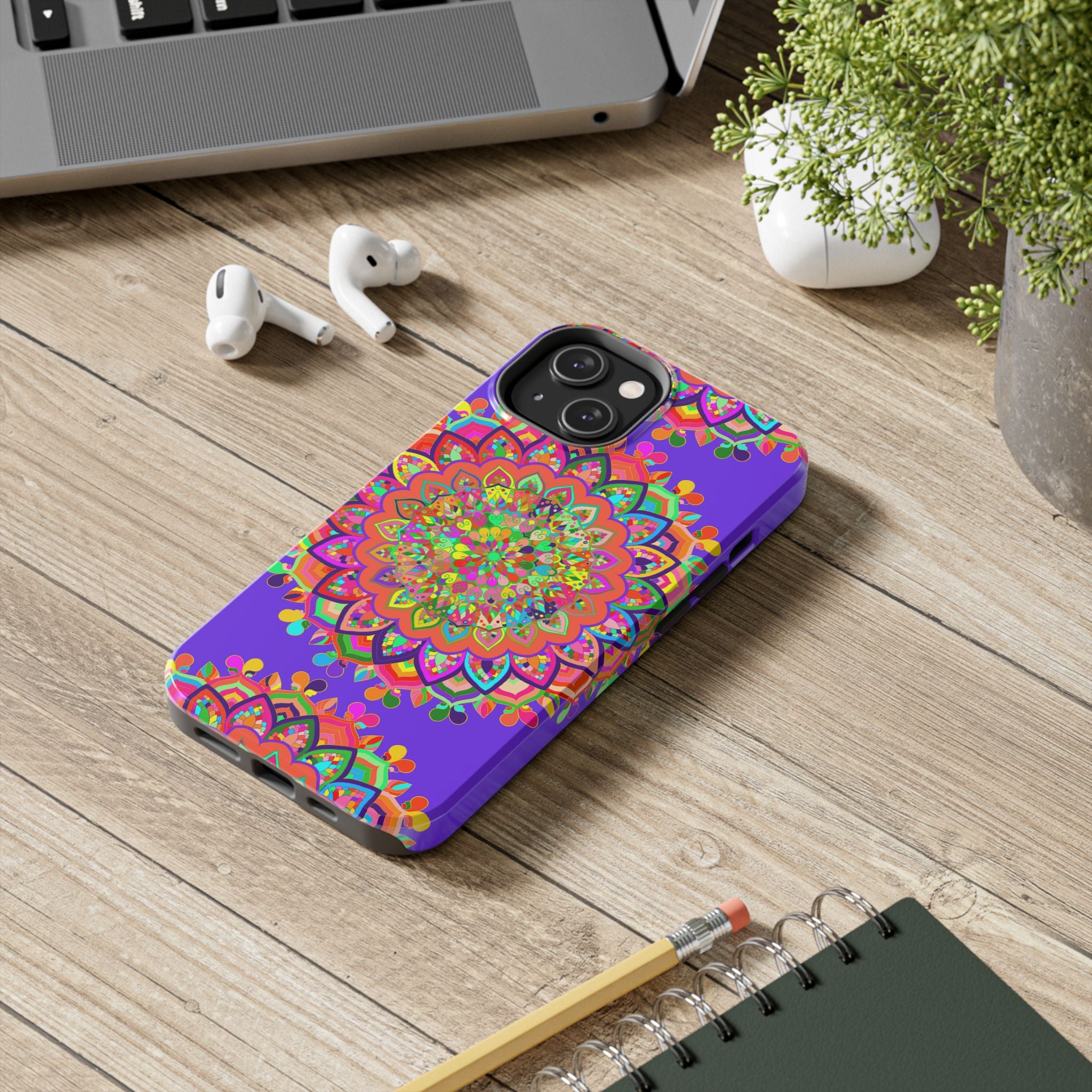 Hand drawn purple Mandala Art phone case with intricate designs and patterns