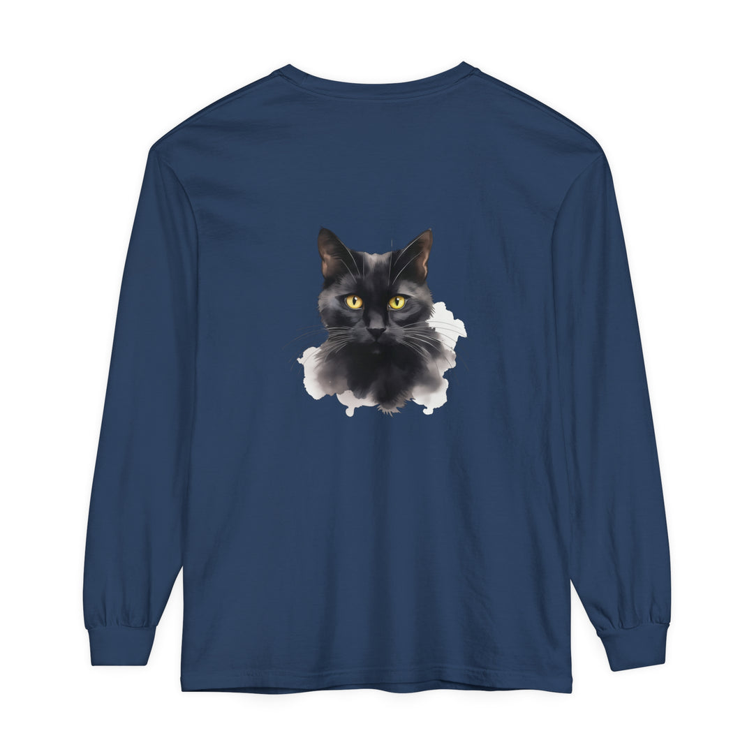  Long Sleeve T-Shirt with Detailed Black Cat Art 