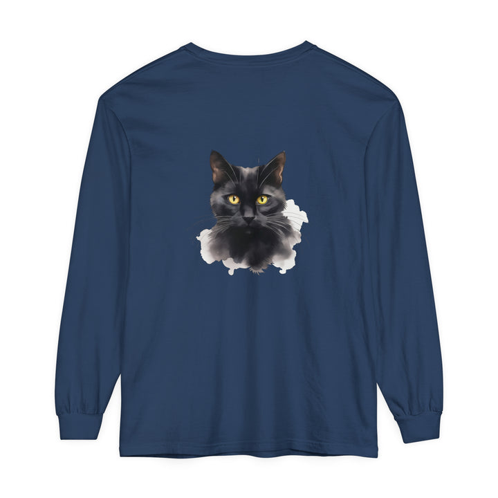  Long Sleeve T-Shirt with Detailed Black Cat Art 