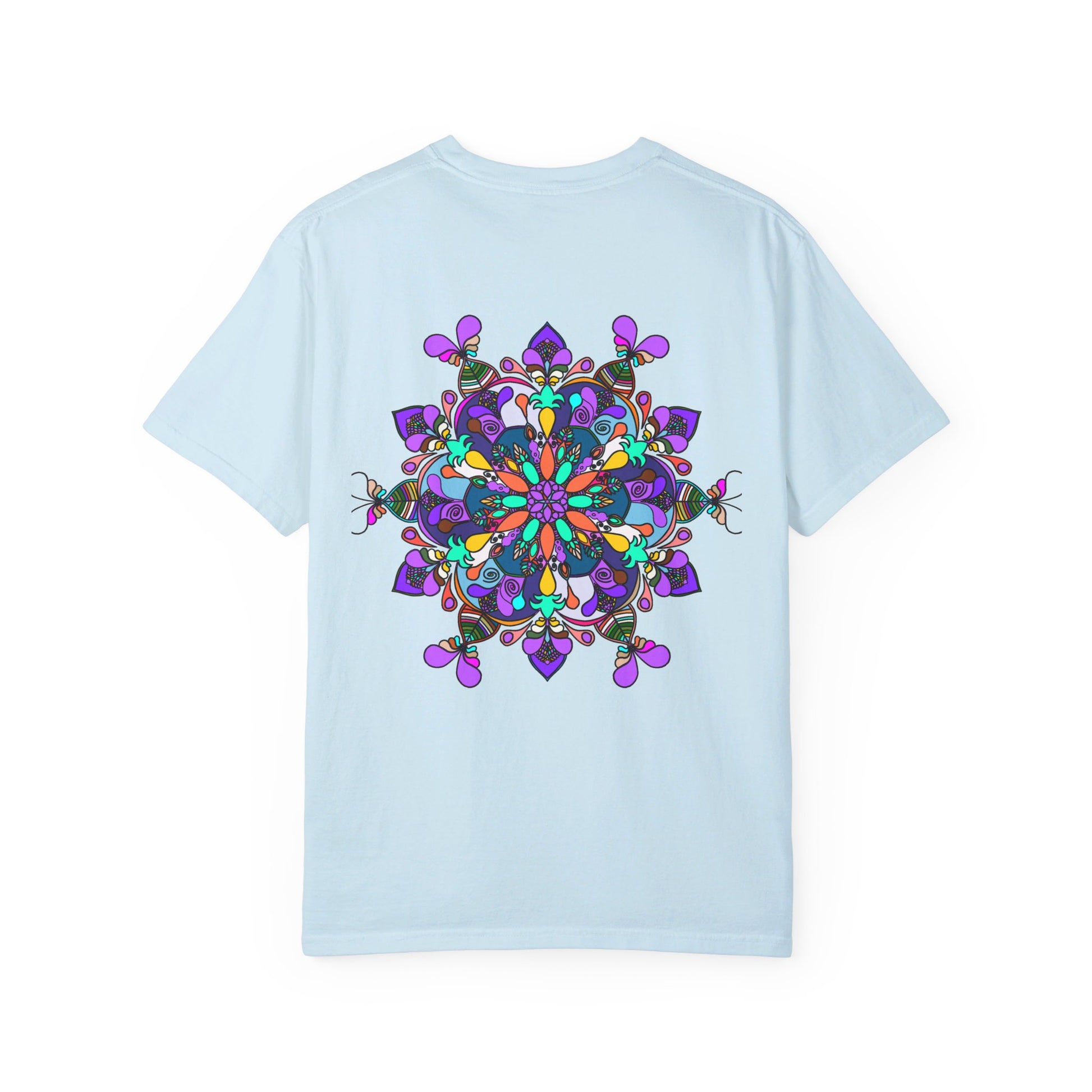 Beautiful unisex mandala t-shirt featuring hand-drawn mandala art on 100% ring-spun cotton, garment-dyed for extra comfort