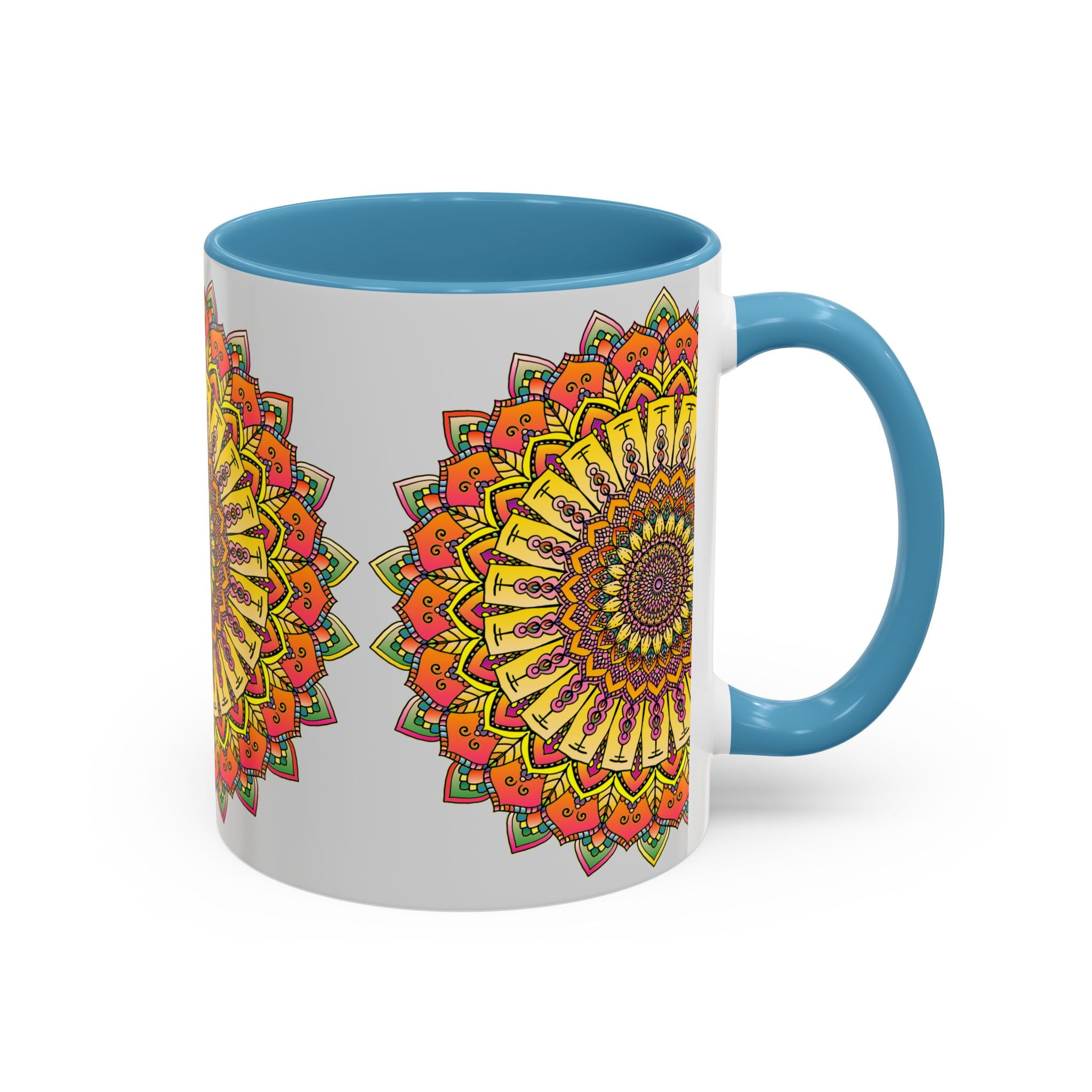 Grey ceramic mug featuring a vibrant and colorful mandala design