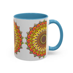 Grey ceramic mug featuring a vibrant and colorful mandala design