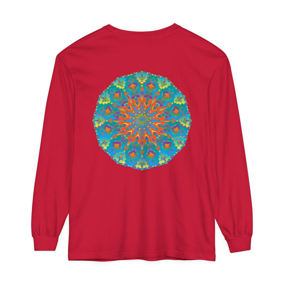 Colorful long sleeve t-shirt with mandala design in rainbow hues