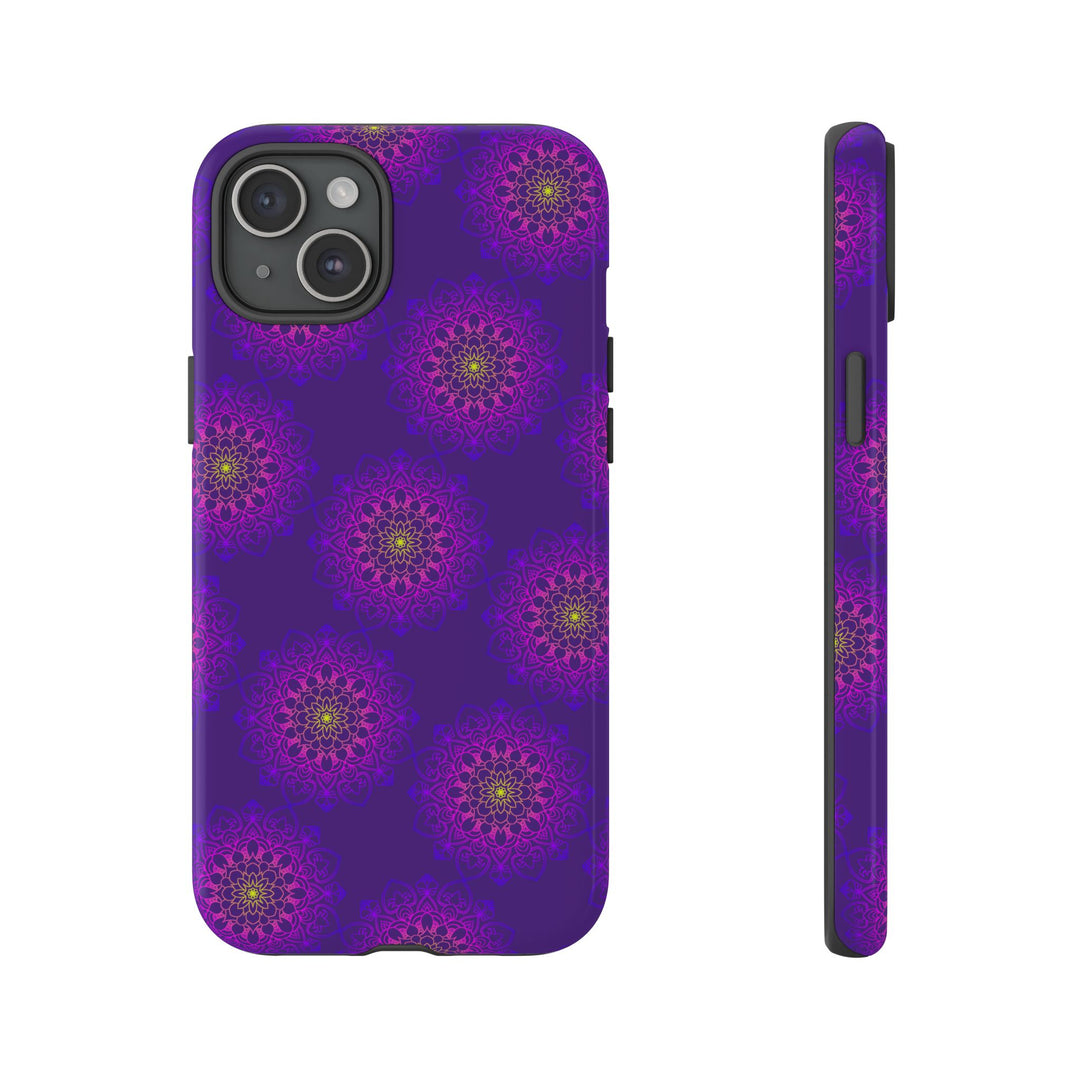 Intricate Purple Floral iPhone Case with Bold Mandala Design