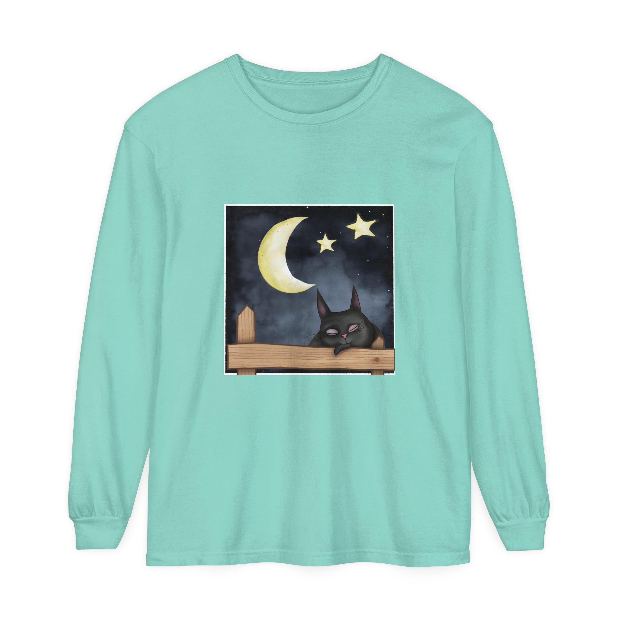 Black t-shirt featuring a sleeping cat surrounded by starry night sky