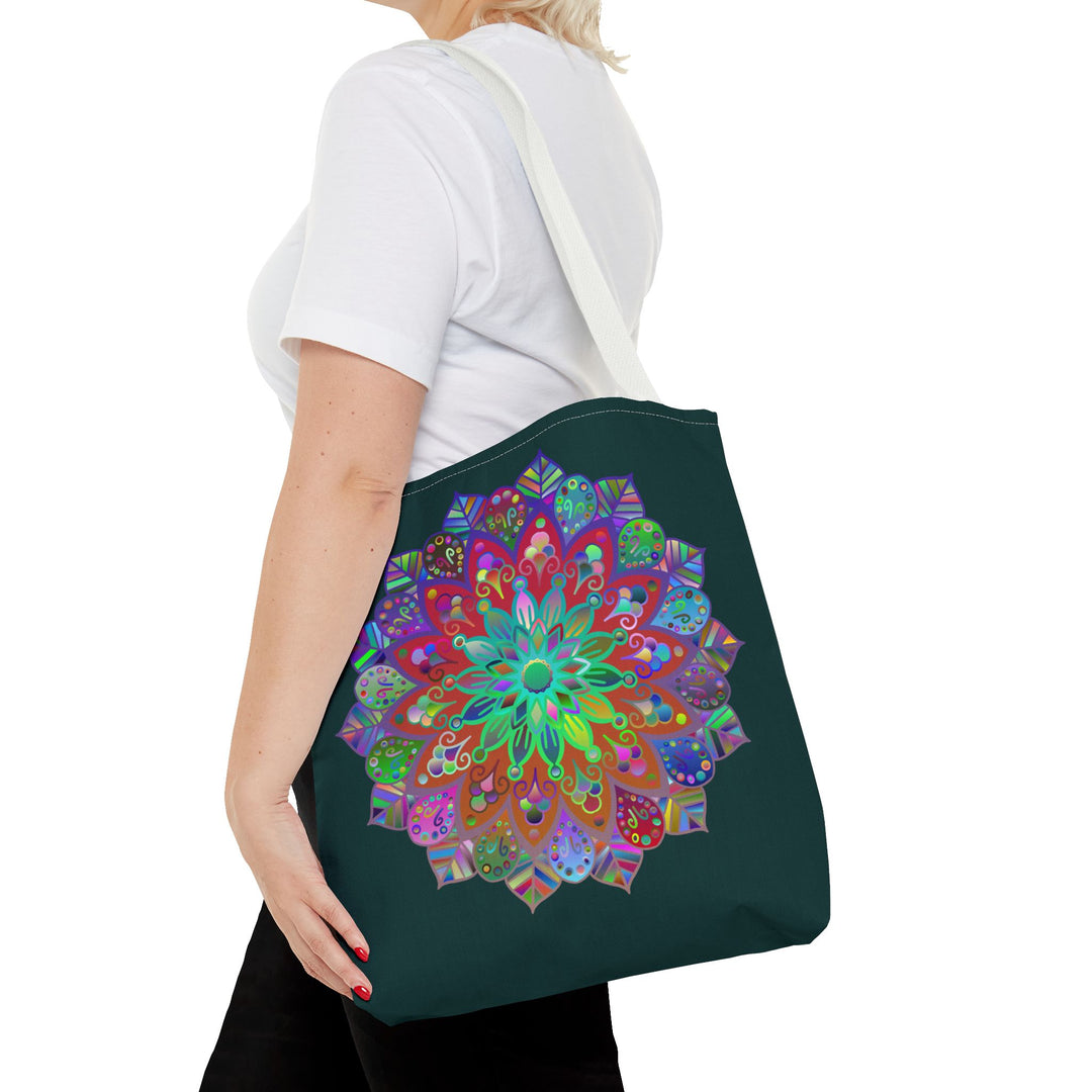 Colorful mandala tote bag in dark green with intricate floral pattern