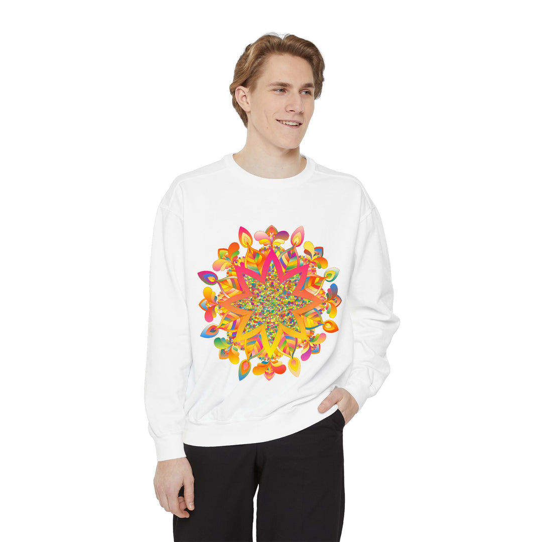 Colorful mandala sweatshirt with intricate design, perfect for casual and yoga wear