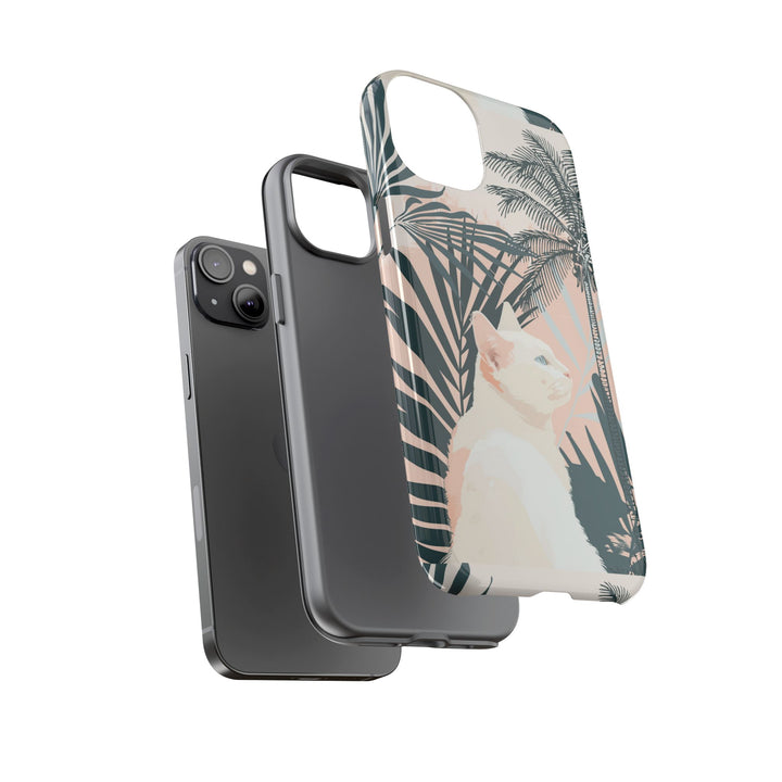 Tropische Katzen-Telefonhülle mit üppigen Palmenmotiven und sanften Pastelltönen