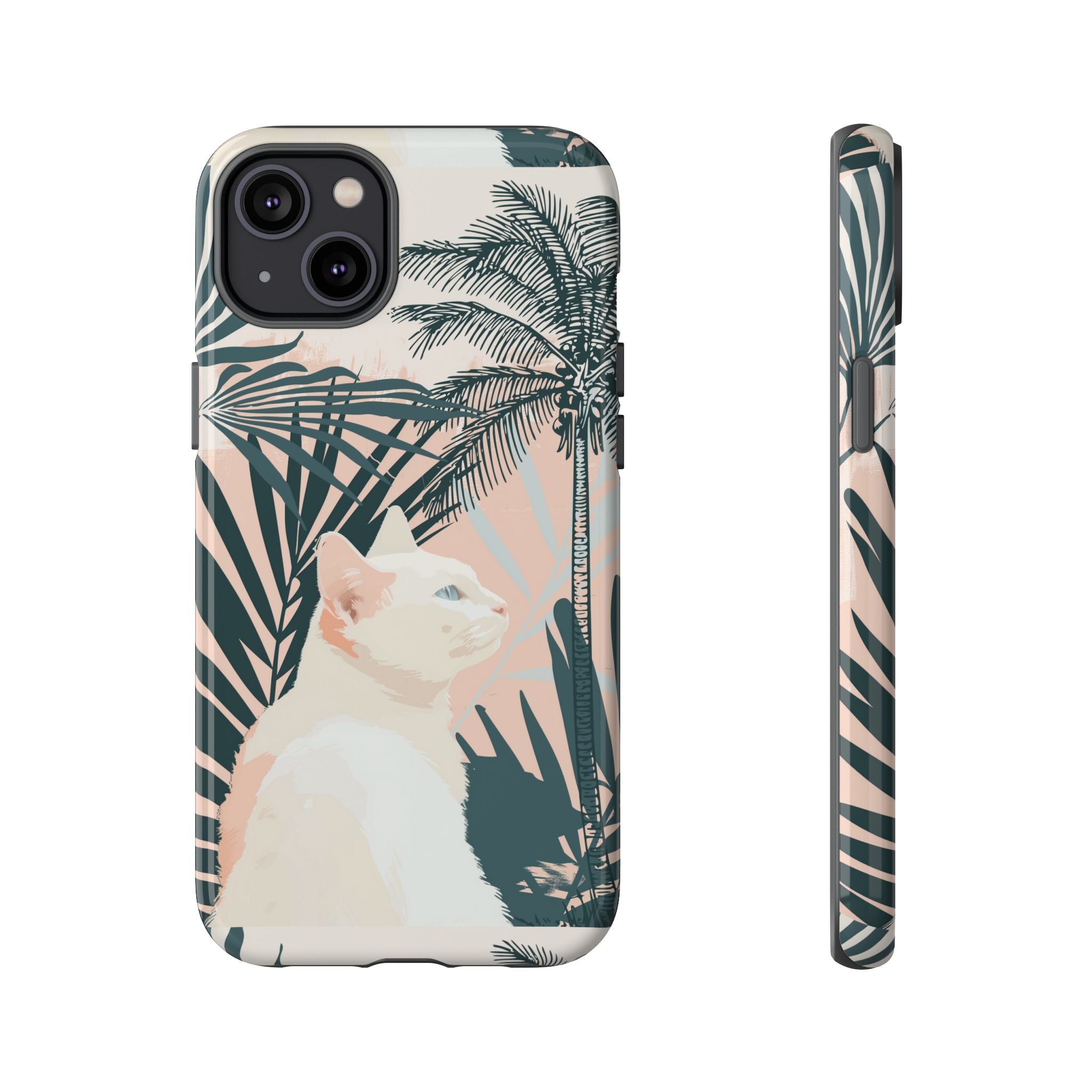 Custodia per telefono con gatto tropicale, motivi di palme lussureggianti e tenui colori pastello