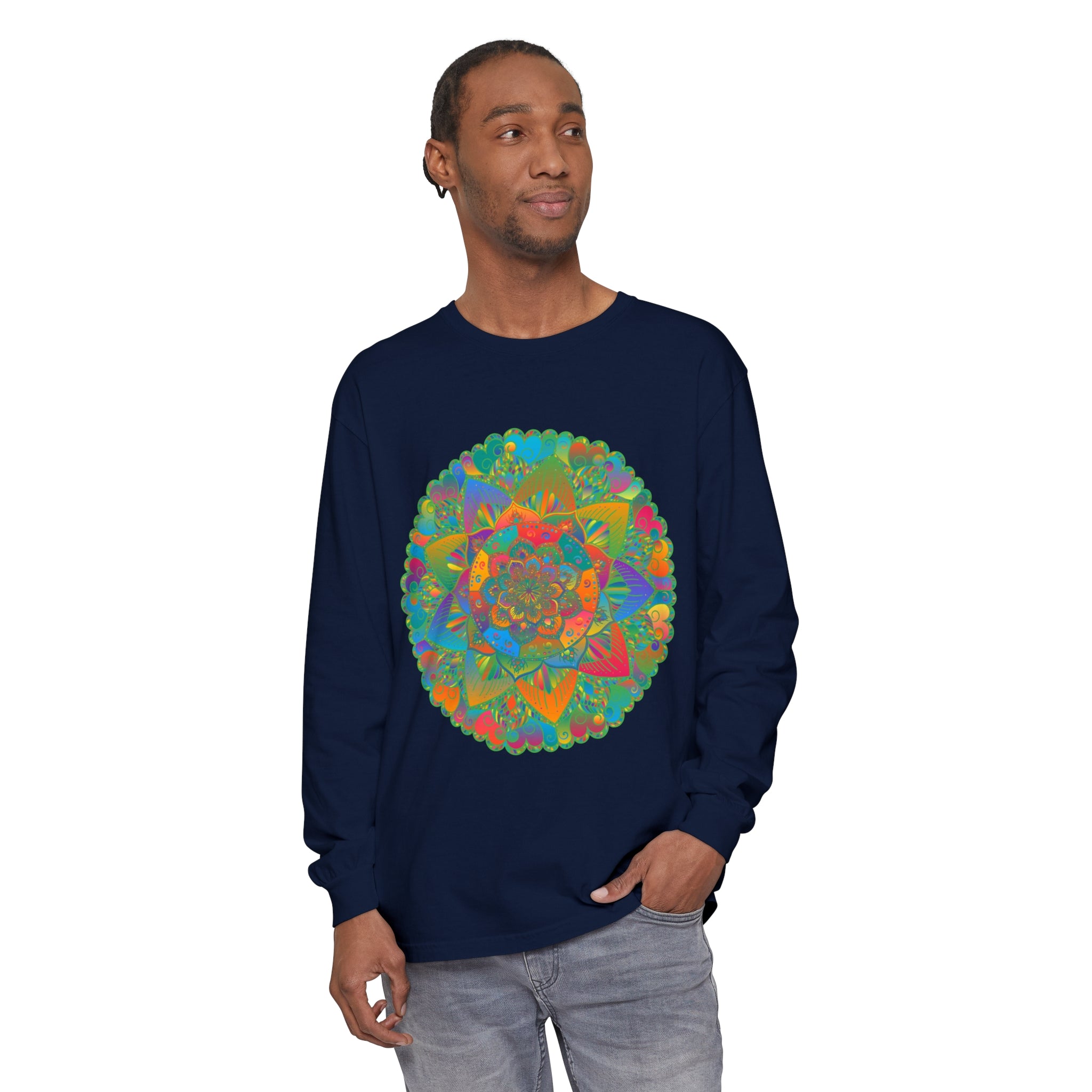 Colorful and intricate mandala design on a unisex long sleeve t-shirt