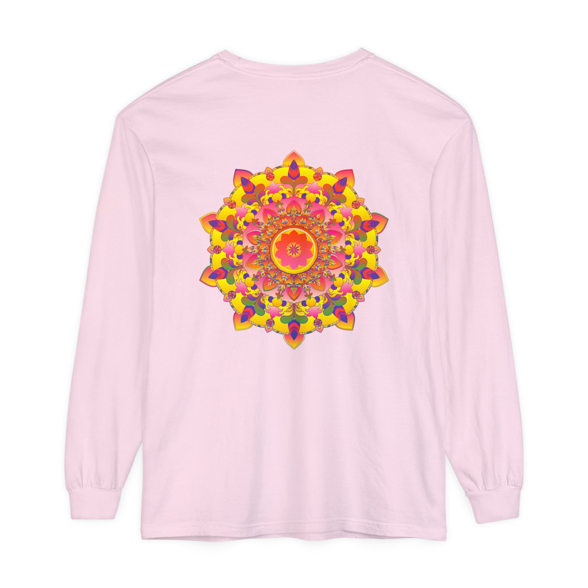 Colorful and intricate mandala design on a unisex long sleeve t-shirt