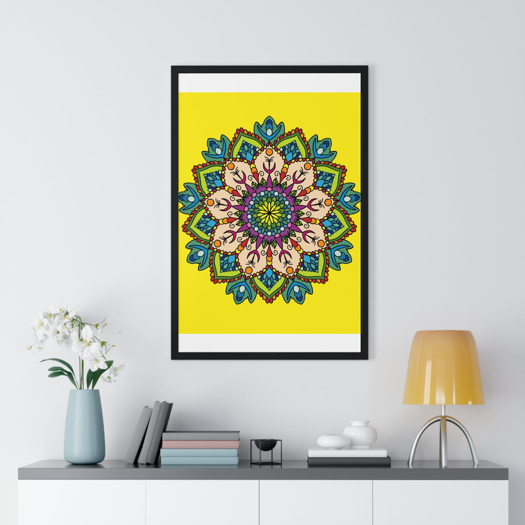 Beautiful and intricate yellow mandala art in vertical framed poster for meditation and relaxation