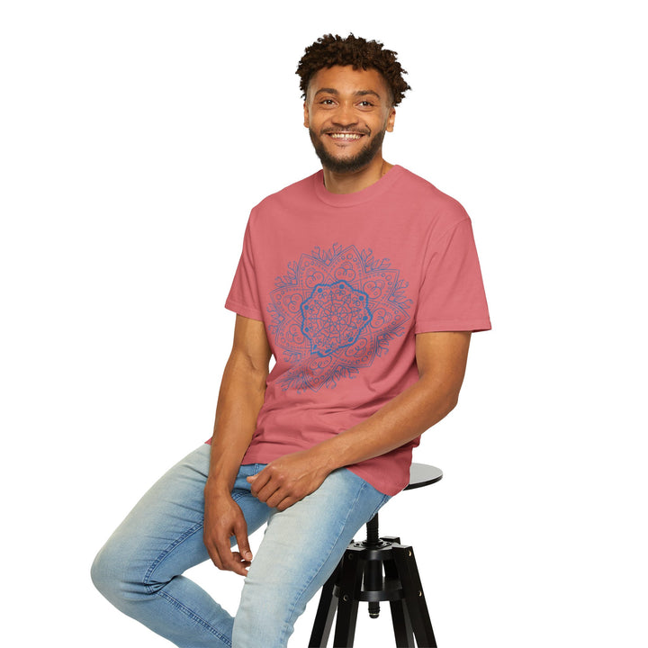 Handmade Mandala Art Tshirt featuring intricate design, perfect for men and women, made of high-quality garment-dyed fabric