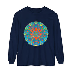 Colorful and vibrant rainbow mandala long sleeve t-shirt on a white background