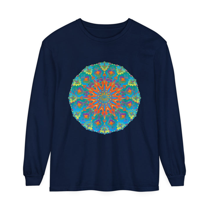 Colorful and vibrant rainbow mandala long sleeve t-shirt on a white background