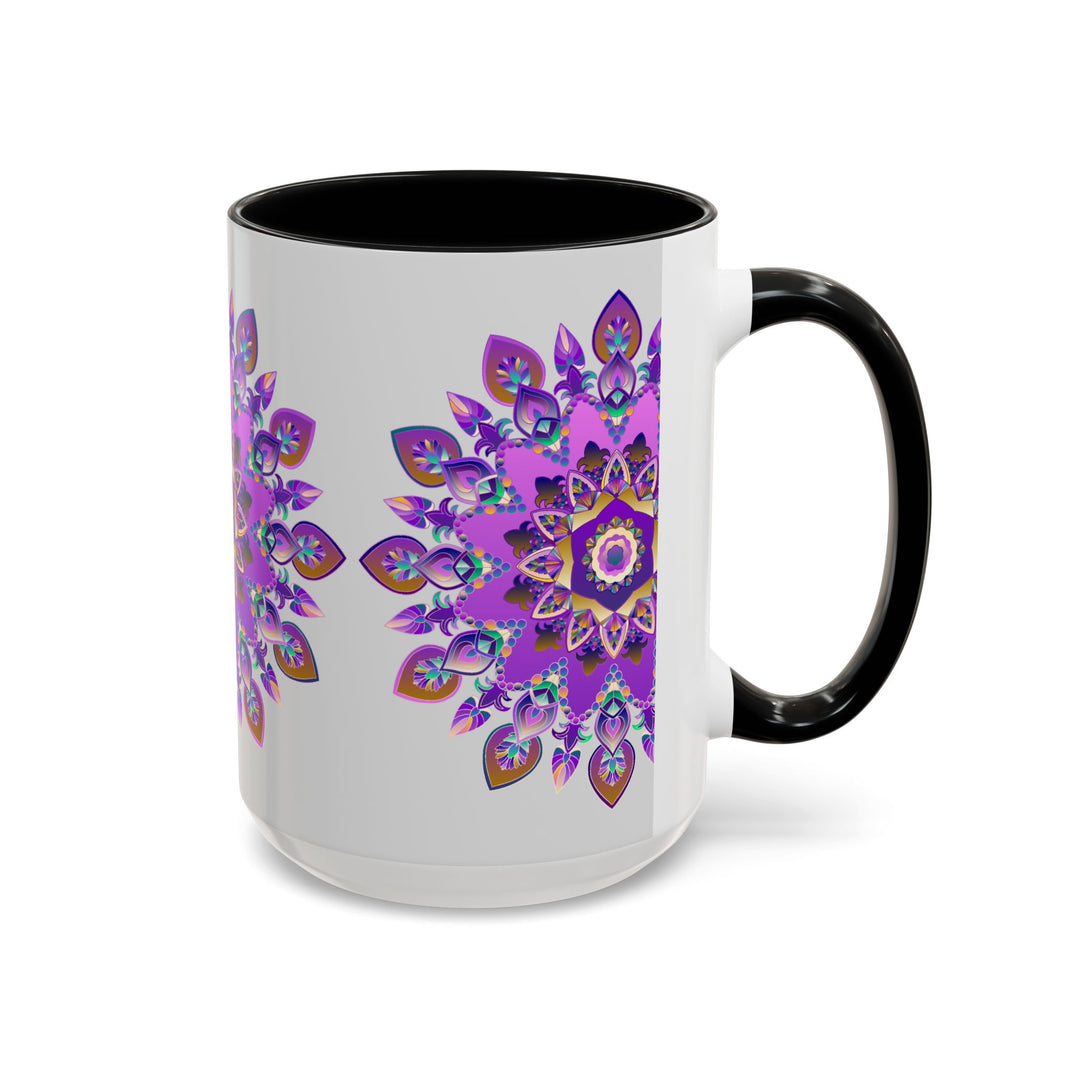 Beautiful purple and gold mandala mug, featuring intricate bohemian art design