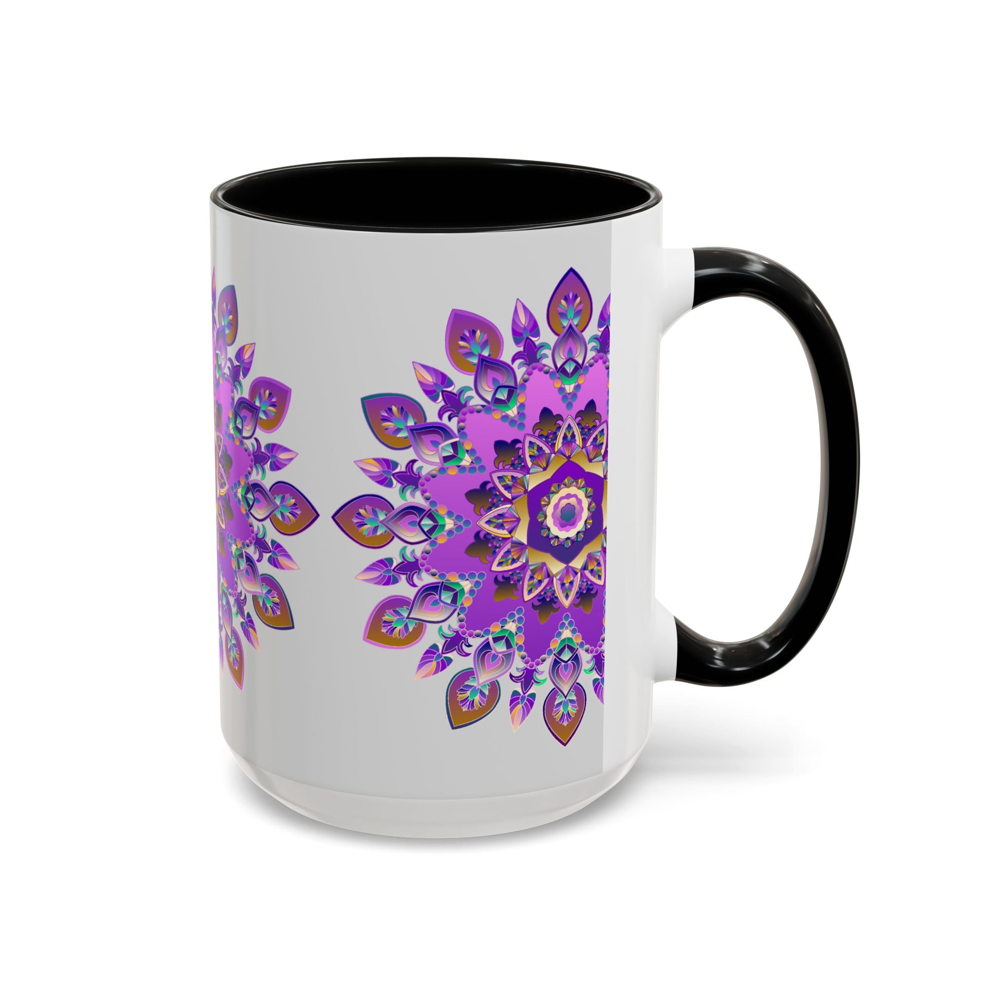 Beautiful purple and gold mandala mug, featuring intricate bohemian art design