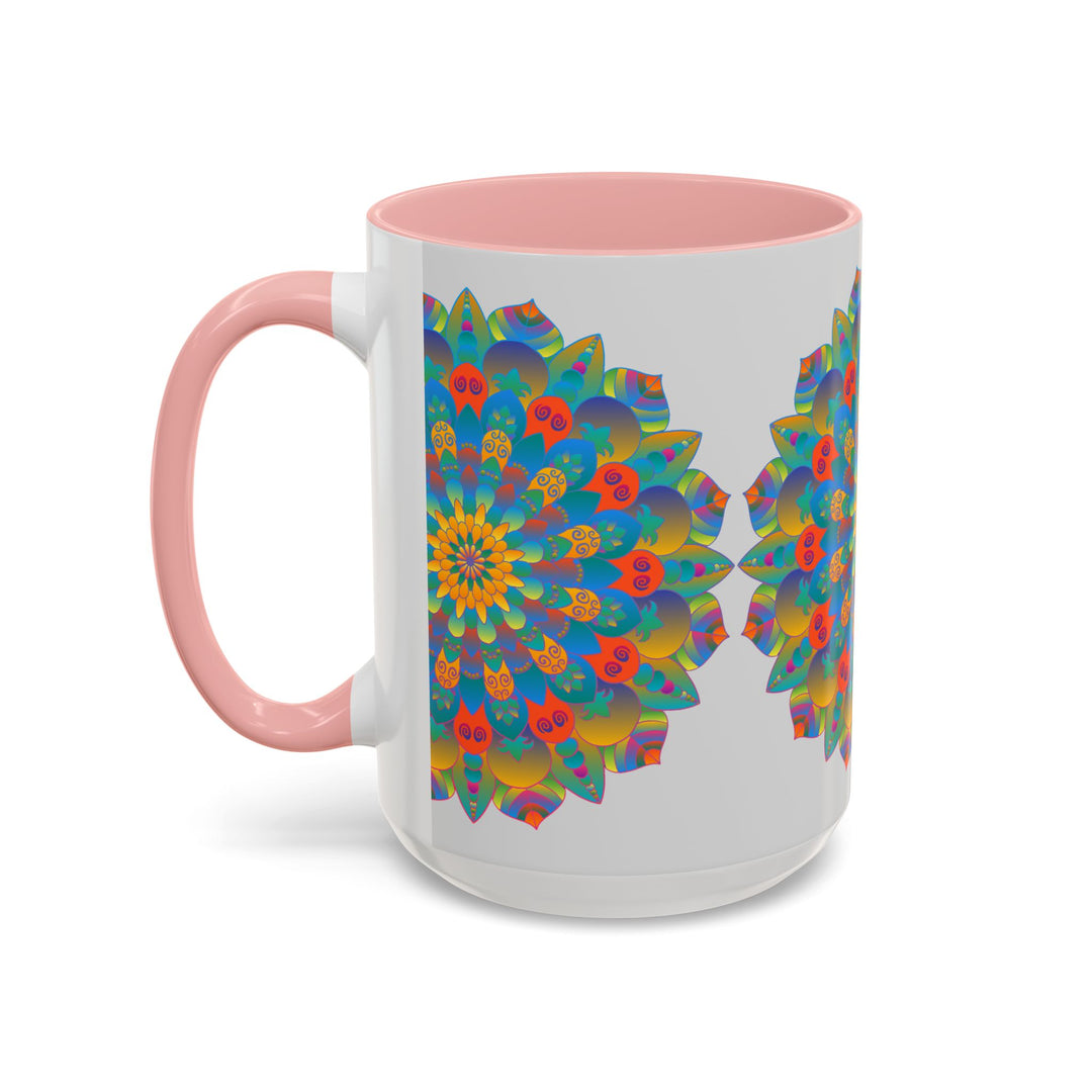 Handcrafted ceramic mug with mandala art in vibrant yellow, orange, and blue colors