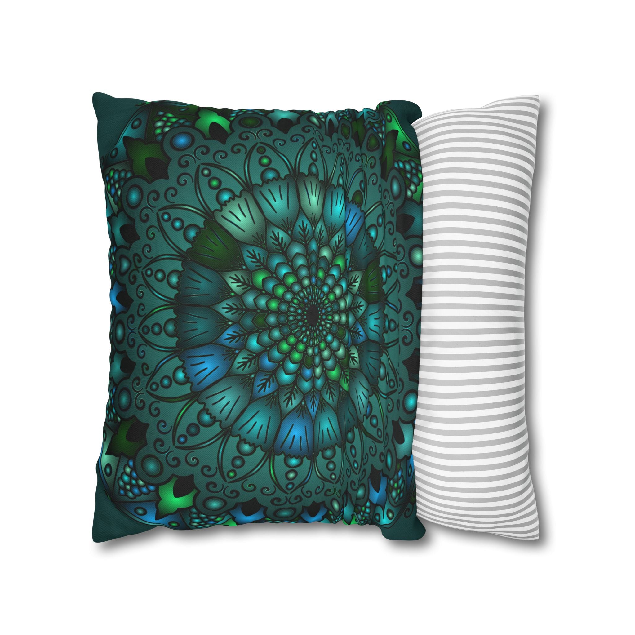 Hand-drawn Spun Polyester Square Pillowcase with Mandala Art in Petroleum Green