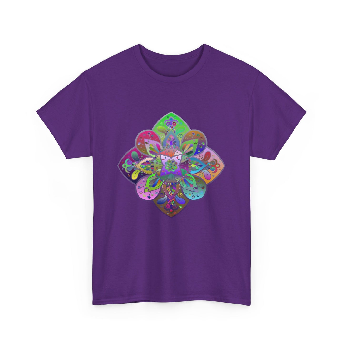 Yoga-inspired t-shirt with a colorful mandala print, great for men and women