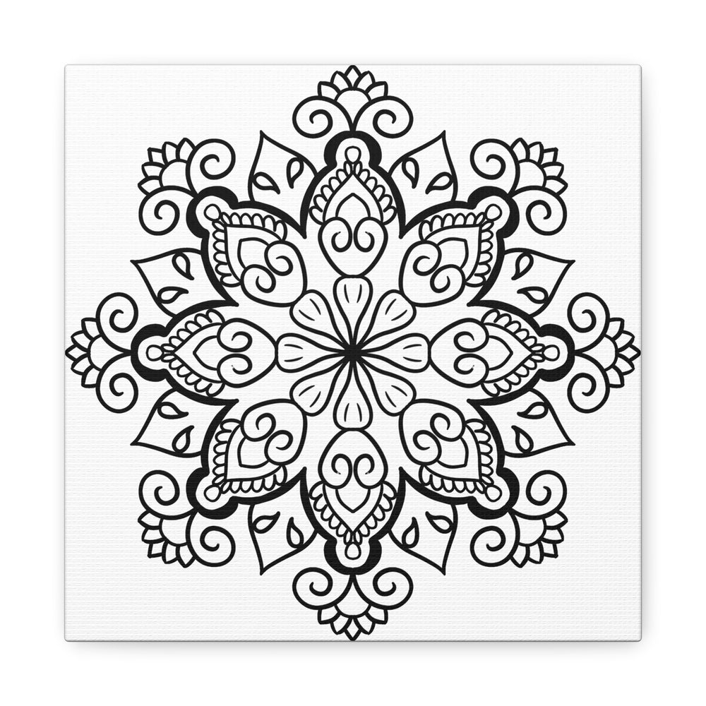 Handmade mandala art in black and white on matte canvas, stretched to 125 inches, perfect for wall decor