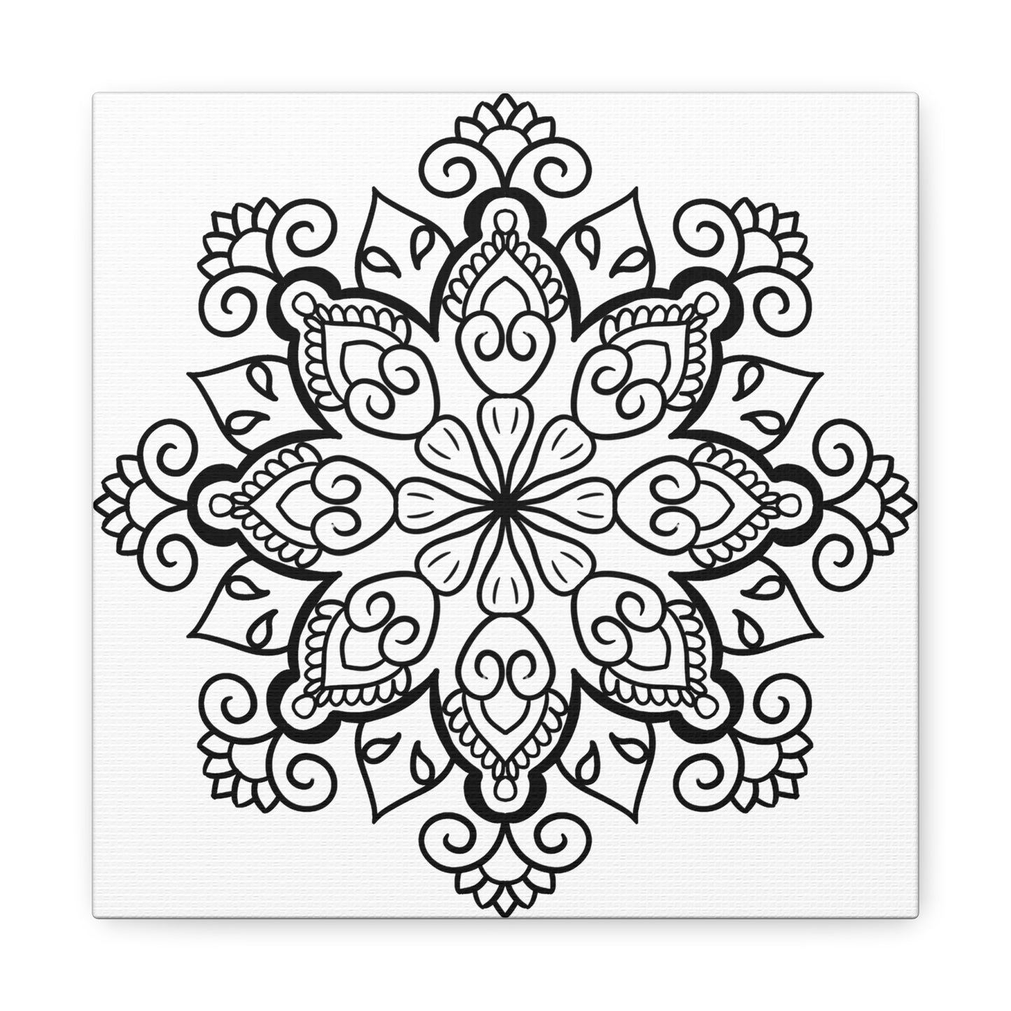 Handmade mandala art in black and white on matte canvas, stretched to 125 inches, perfect for wall decor