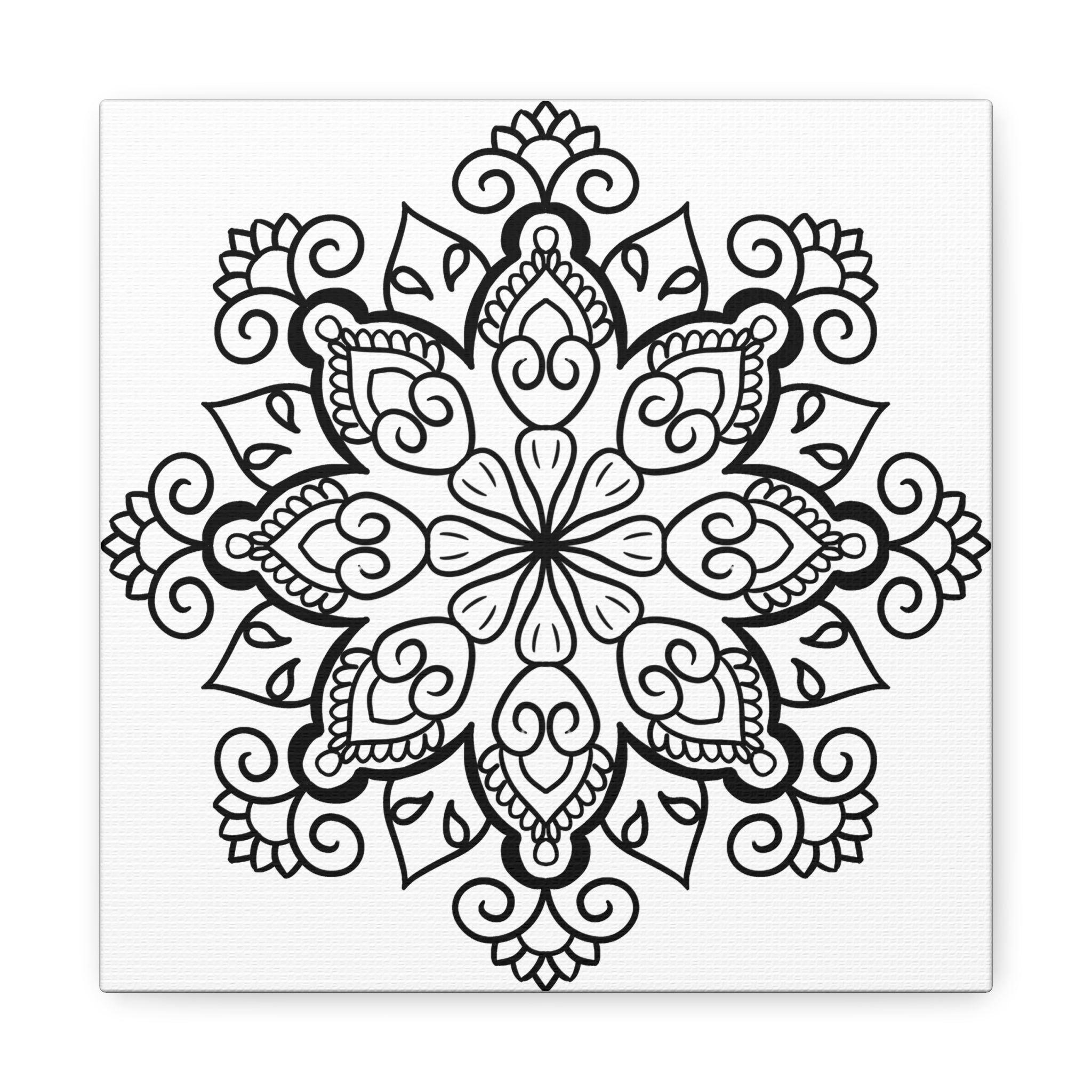 Handmade mandala art in black and white on matte canvas, stretched to 125 inches, perfect for wall decor