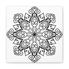 Handmade mandala art in black and white on matte canvas, stretched to 125 inches, perfect for wall decor