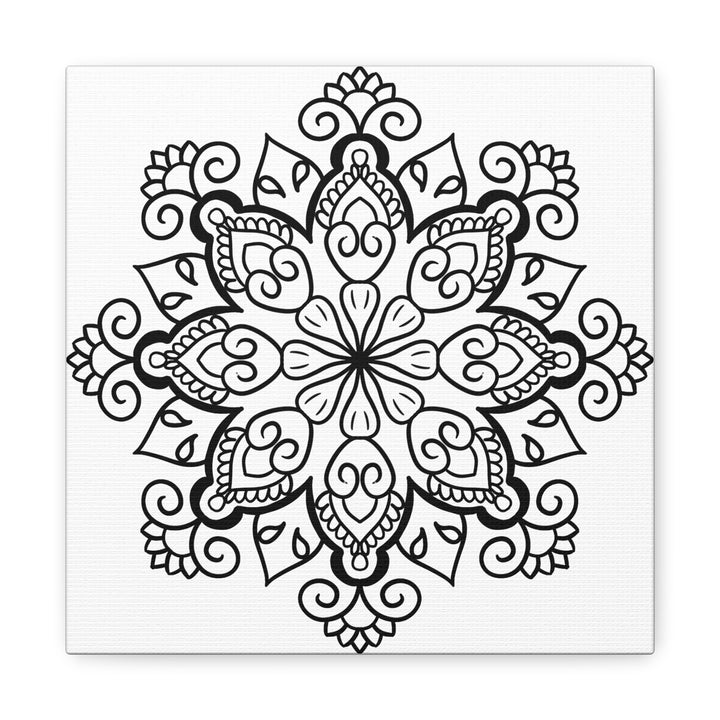 Handmade mandala art in black and white on matte canvas, stretched to 125 inches, perfect for wall decor