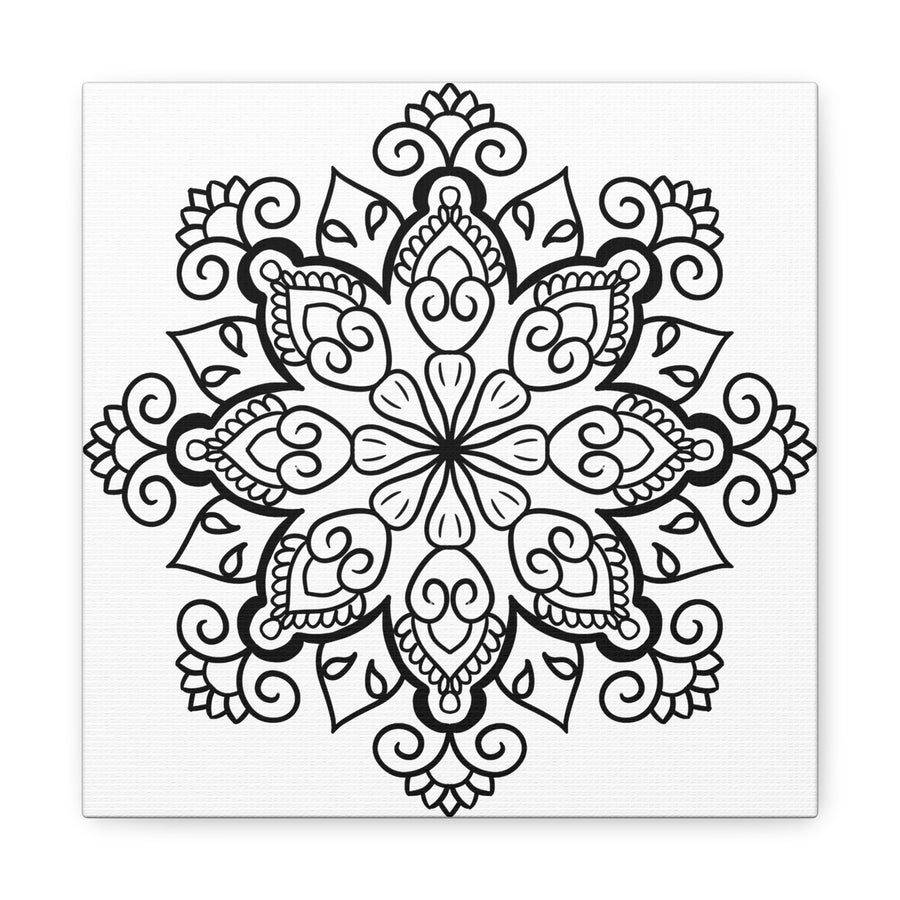 Handmade mandala art in black and white on matte canvas, stretched to 125 inches, perfect for wall decor