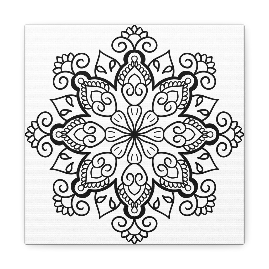 Handmade mandala art in black and white on matte canvas, stretched to 125 inches, perfect for wall decor