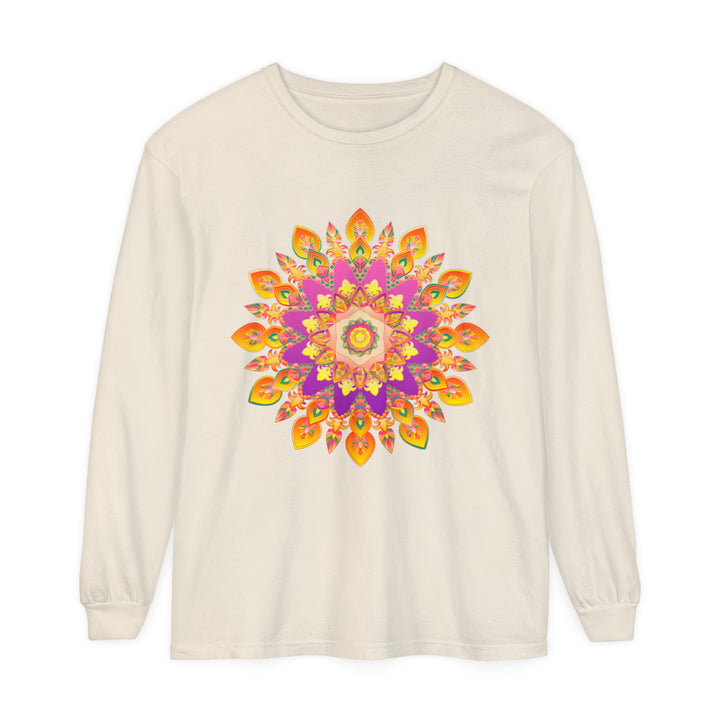 A close-up image of a vibrant mandala design on a unisex long sleeve t-shirt, featuring intricate patterns and bold colors