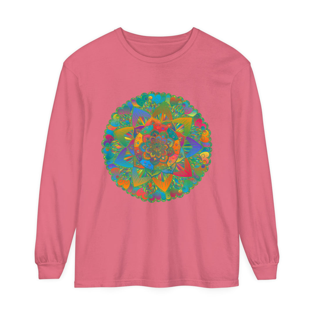 Colorful and intricate mandala design on a unisex long sleeve t-shirt