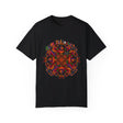Black unisex Halloween Mandala T-shirt featuring a handmade pumpkin mandala art design on a garment-dyed tee