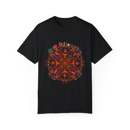 Black unisex Halloween Mandala T-shirt featuring a handmade pumpkin mandala art design on a garment-dyed tee