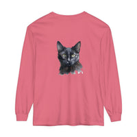 A black cat watercolor design adorns this mystical long sleeve t-shirt