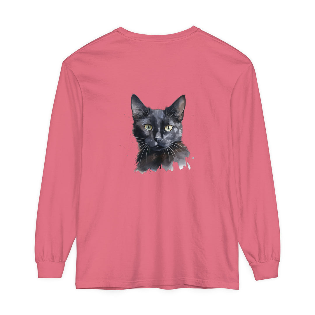 A black cat watercolor design adorns this mystical long sleeve t-shirt