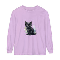 Black watercolor kitten design on a comfortable long sleeve t-shirt