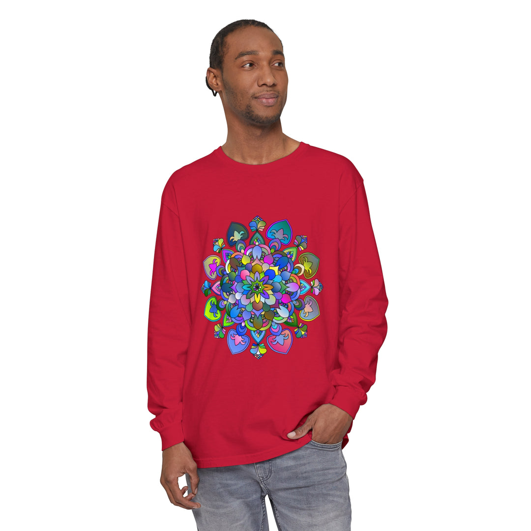 Colorful and intricate mandala design on a vibrant long sleeve t-shirt