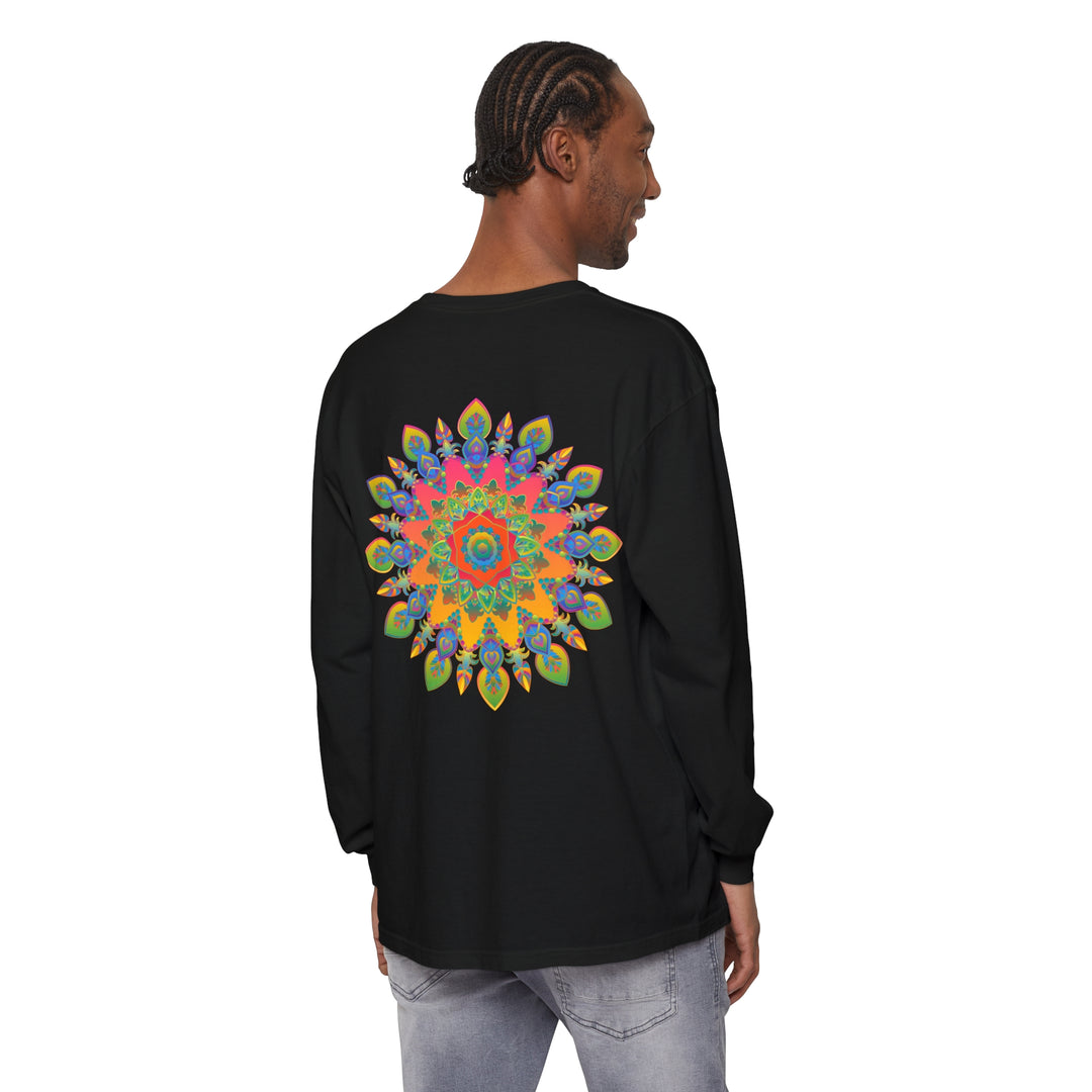 Vibrant Mandala Unisex Long Sleeve T-Shirt showcasing intricate and colorful mandala design on a high-quality, comfortable long-sleeve shirt