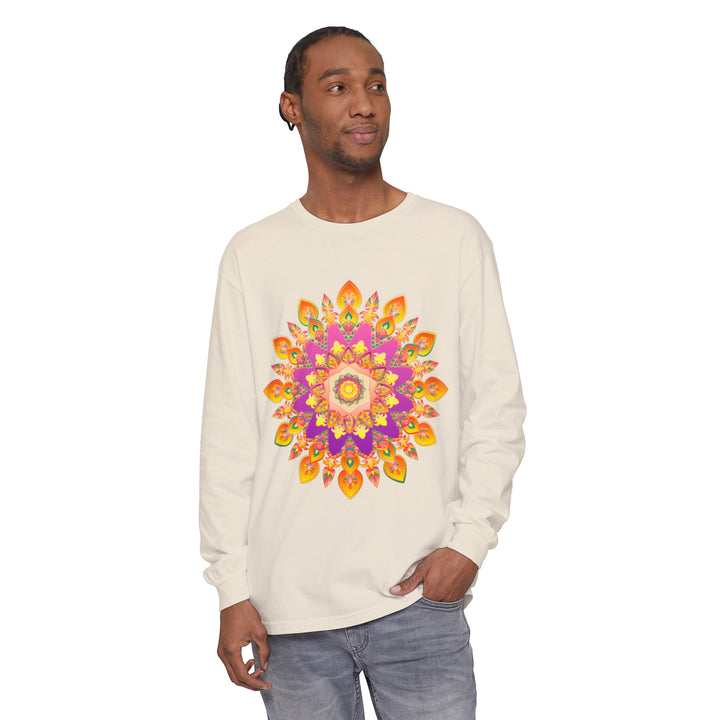 Colorful and intricate mandala design printed on a unisex long sleeve t-shirt