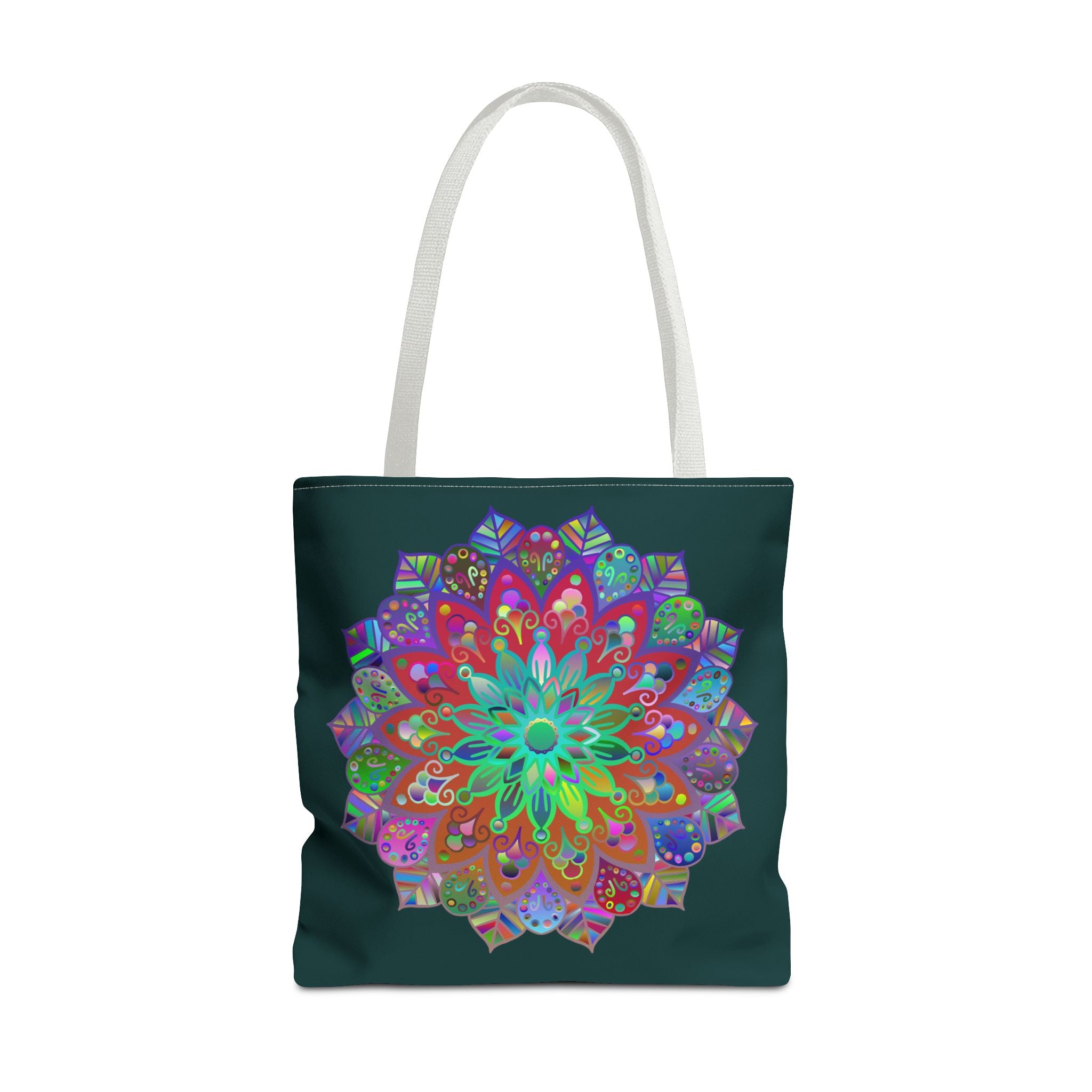 Dark green tote bag with colorful mandala design, perfect for everyday use