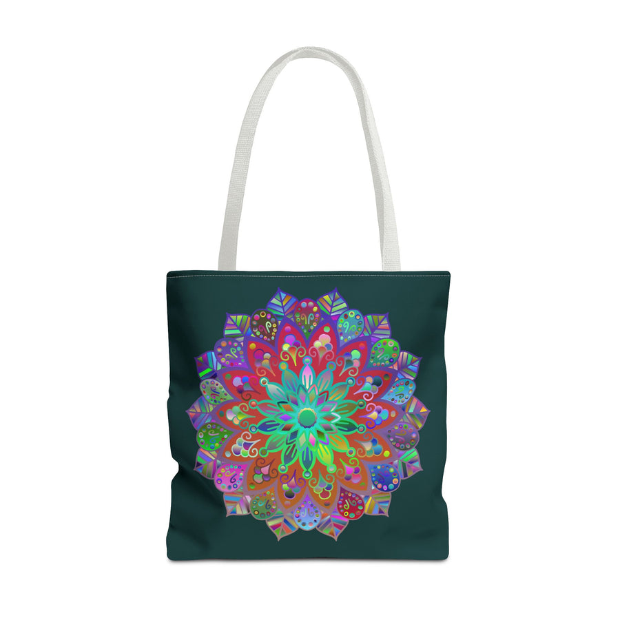 Dark green tote bag with colorful mandala design, perfect for everyday use