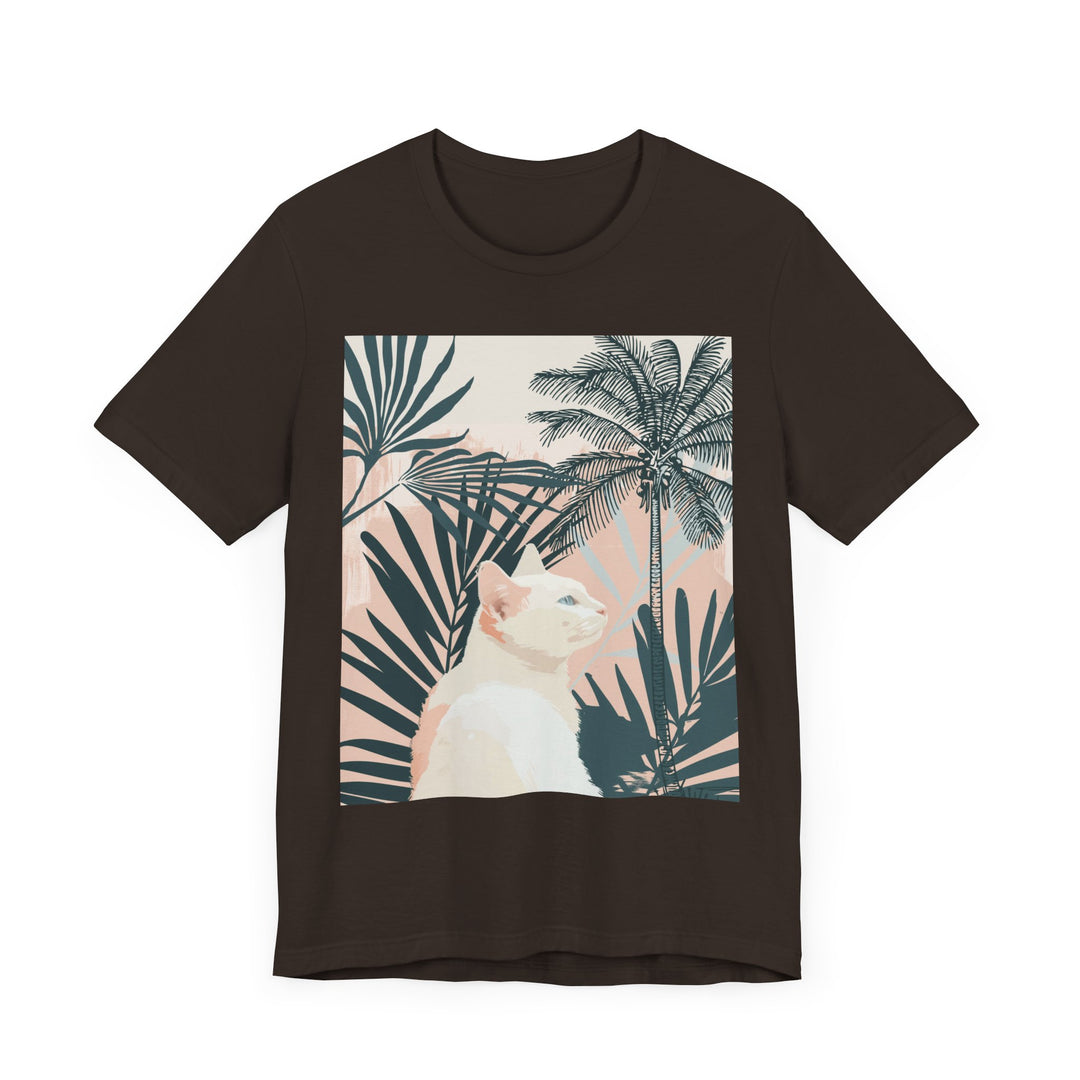 White cat shirt with a stylish palm leaf and trendy kitty