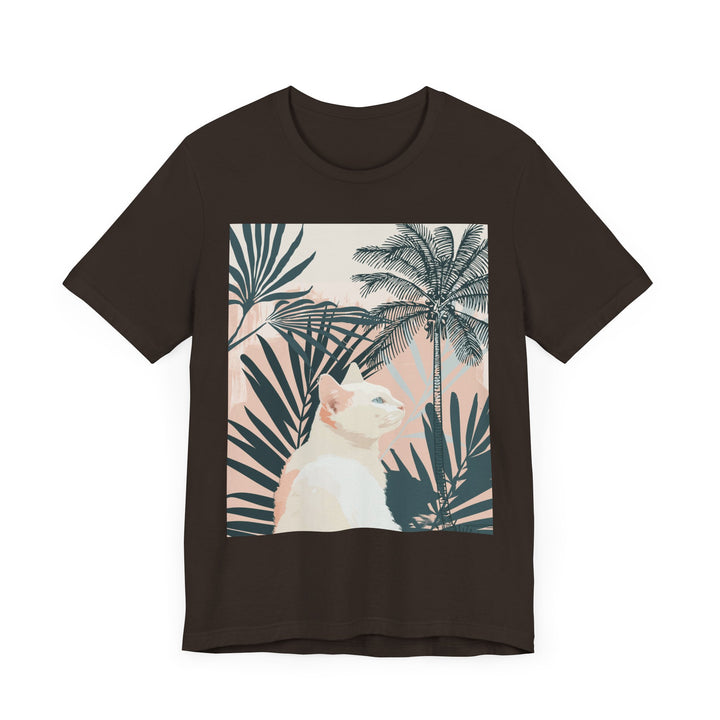 White cat shirt with a stylish palm leaf and trendy kitty